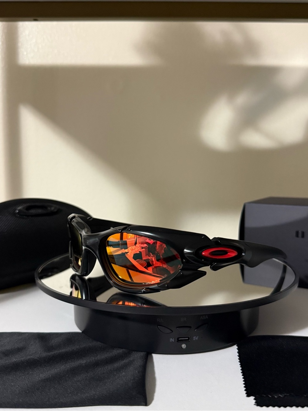 Oakley Black Sunglasses with Orange-Red Mirror Lenses